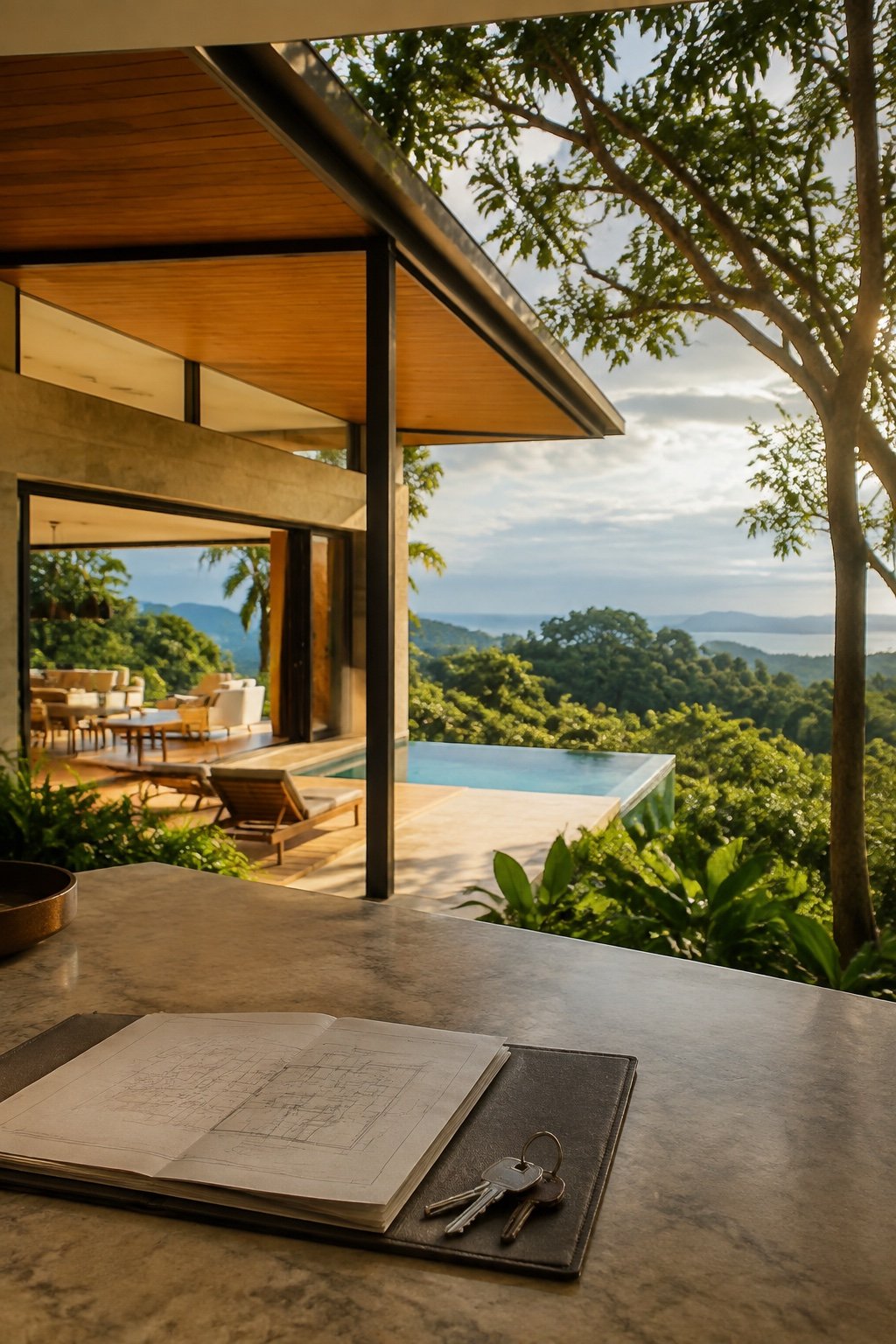 Planos y llaves durante la evaluación de una residencia en Costa Rica