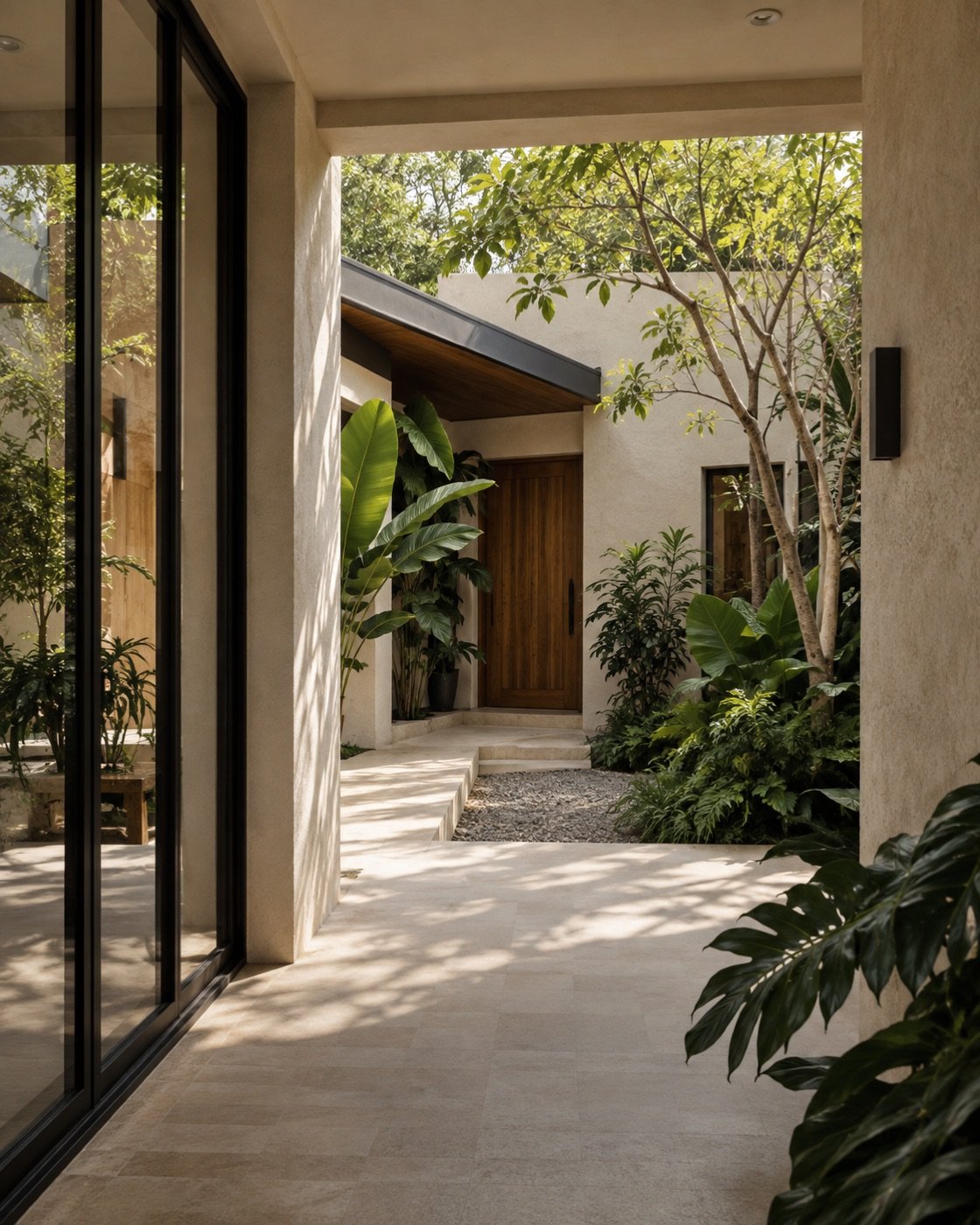 Imagen conceptual de un patio residencial con vegetación tropical